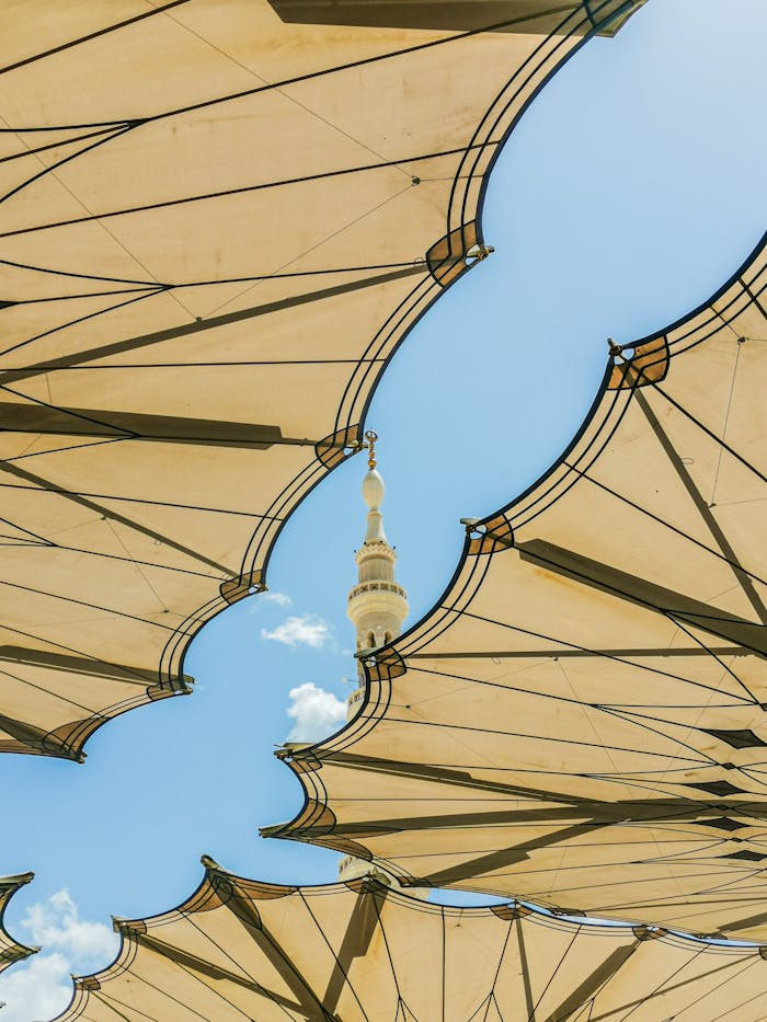 Architectural umbrellas with a tower spire peeking through against a blue sky.