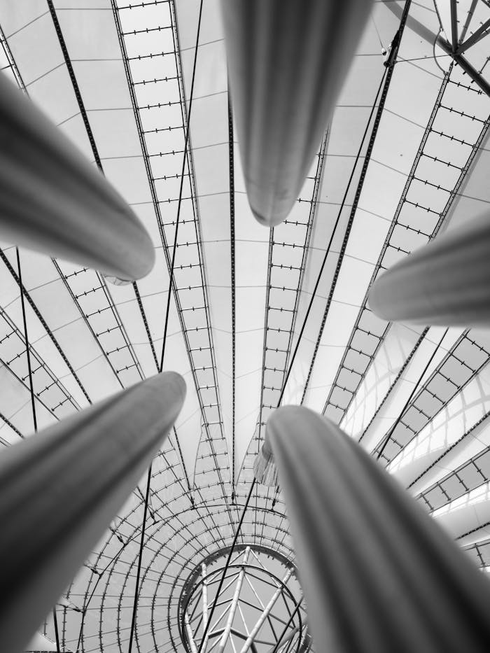 Abstract black and white architecture, unique perspective, Sony Center roof.